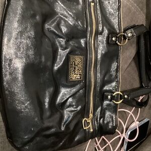 Coach Black Leather Tote with Gold Accents